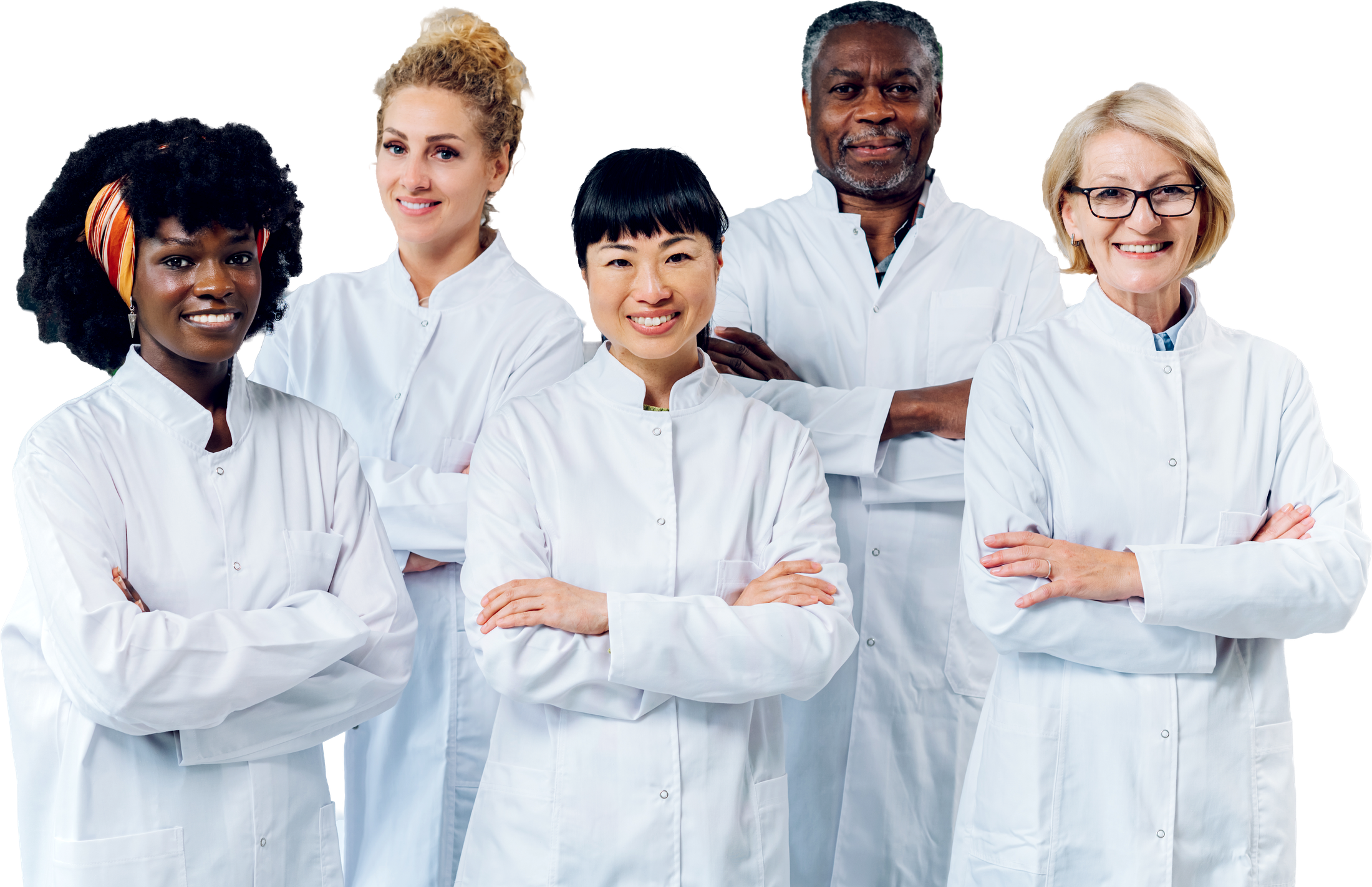 A diverse group of five pharmacists in white coats
